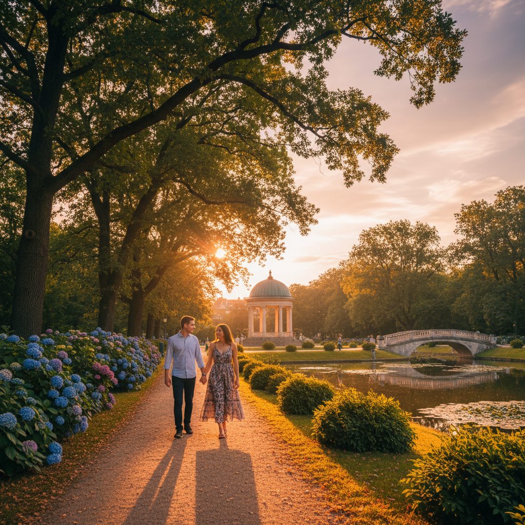 Romantic couple walking hand-in-hand in a scenic Hungarian park, horizontal