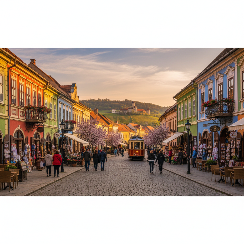 Boutique shops lining a street in a Hungarian town, horizontal