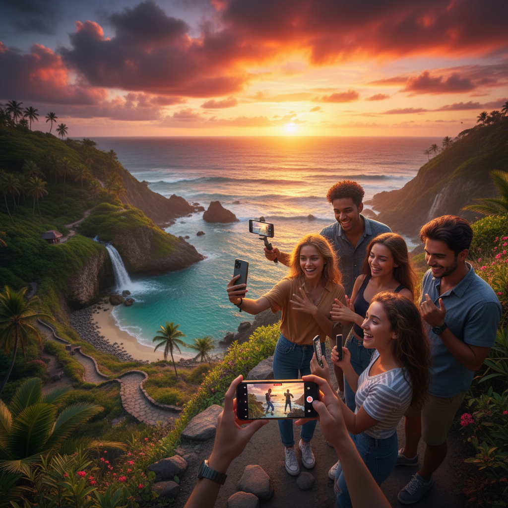 Group of young adults interacting with smartphones, showing social media trends, horizontal