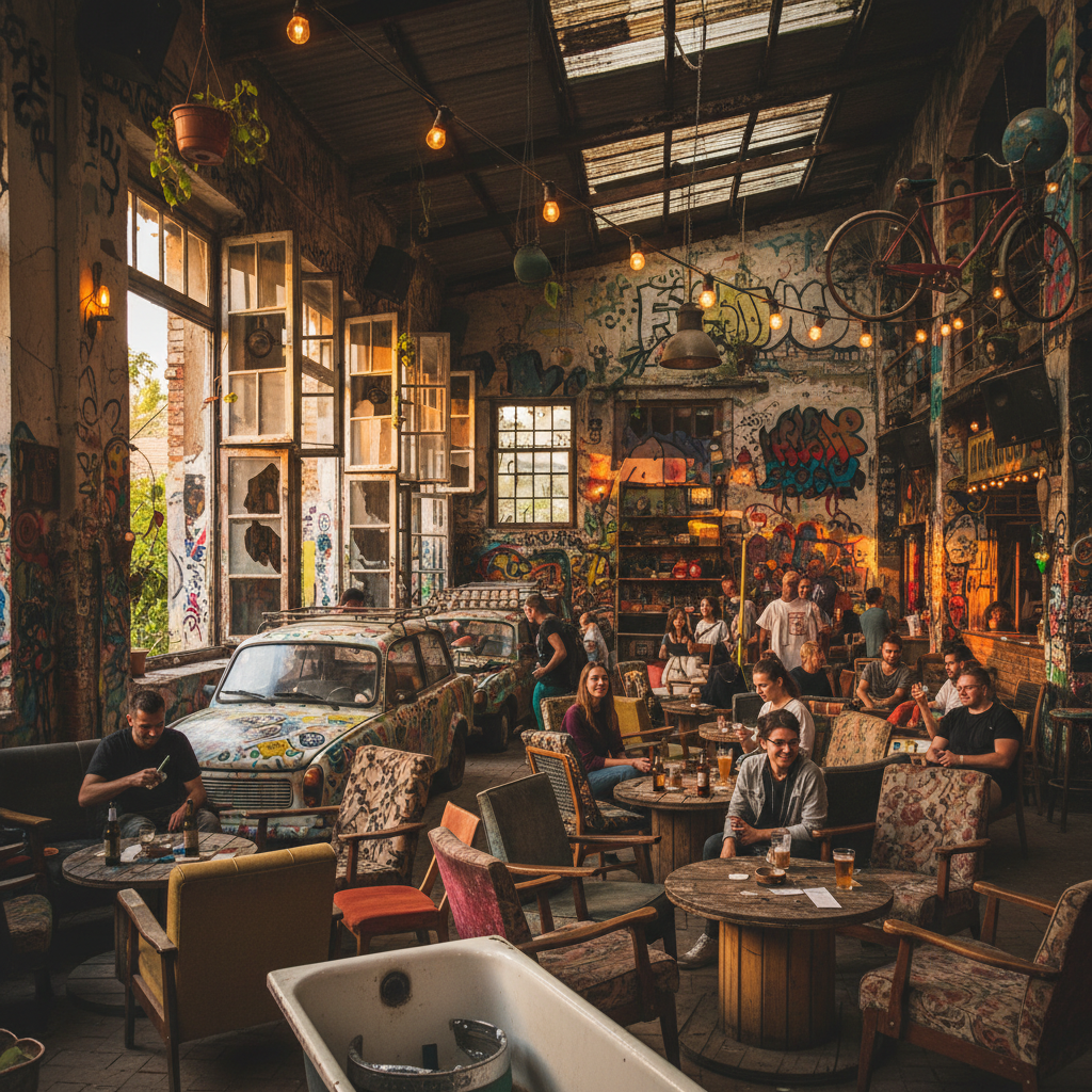 Interior of a popular ruin bar in Budapest, atmospheric lighting, horizontal