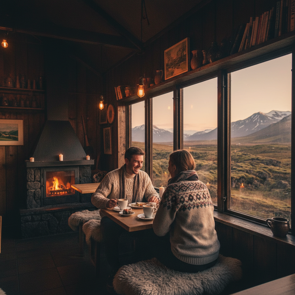 Couple watching Northern Lights Iceland romantic winter landscape