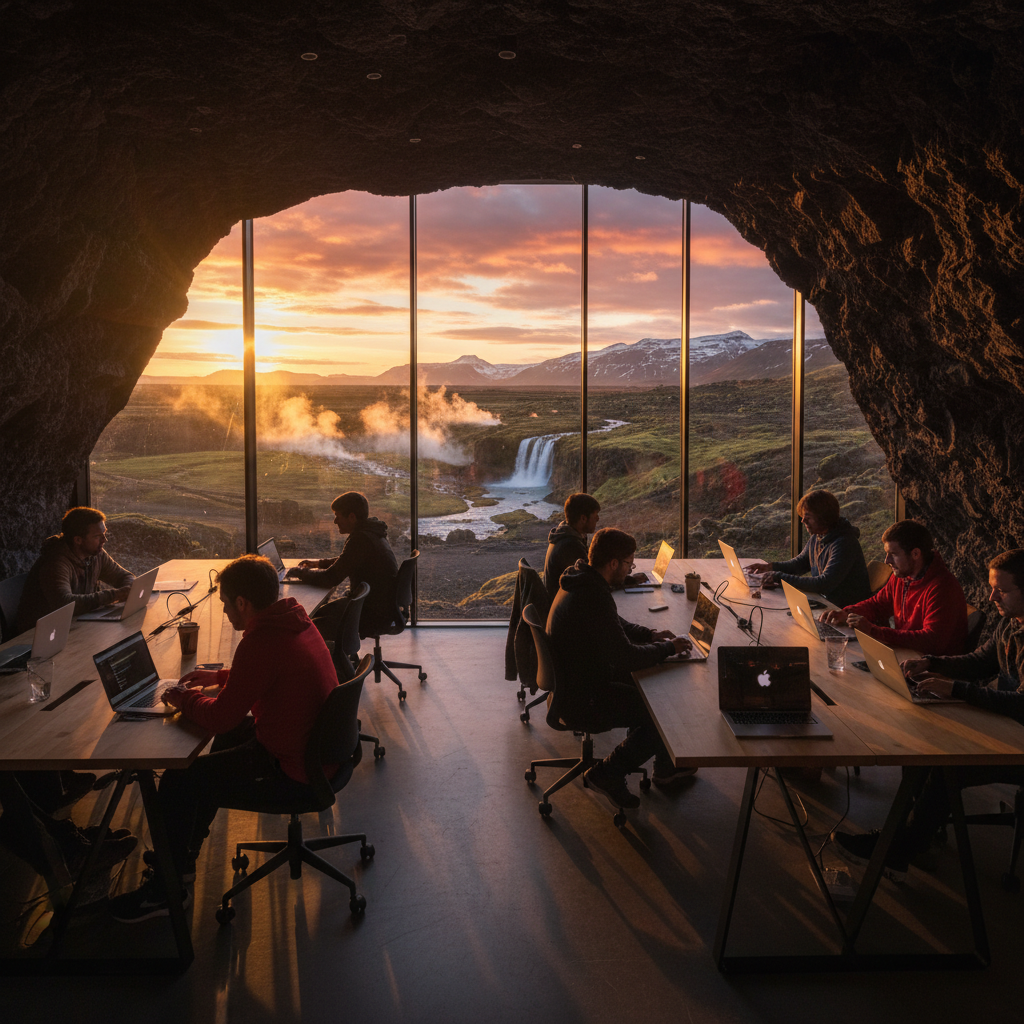 Young Icelander using smartphone Reykjavik cozy cafe winter