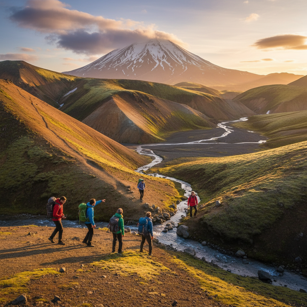 Group of friends hiking in the Icelandic highlands