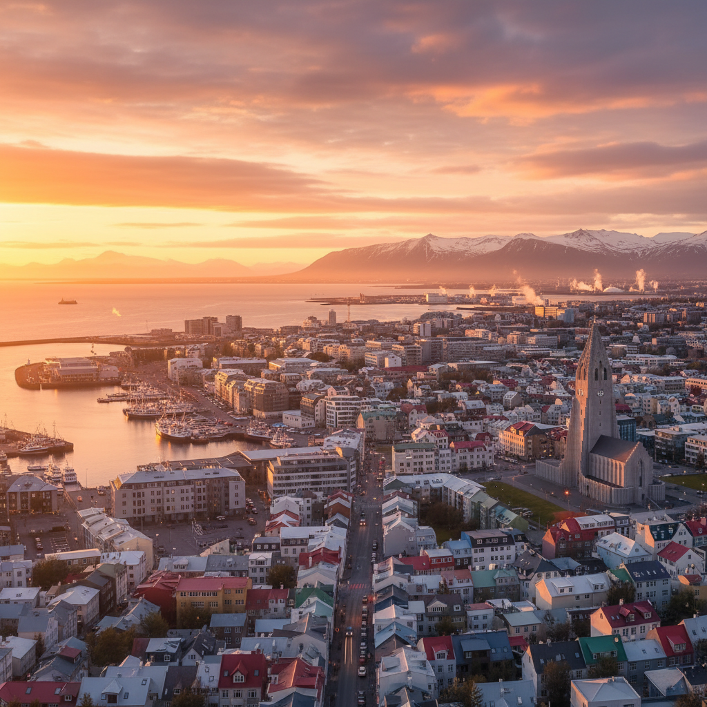 Reykjavik Iceland colorful houses harbor Northern Lights aurora