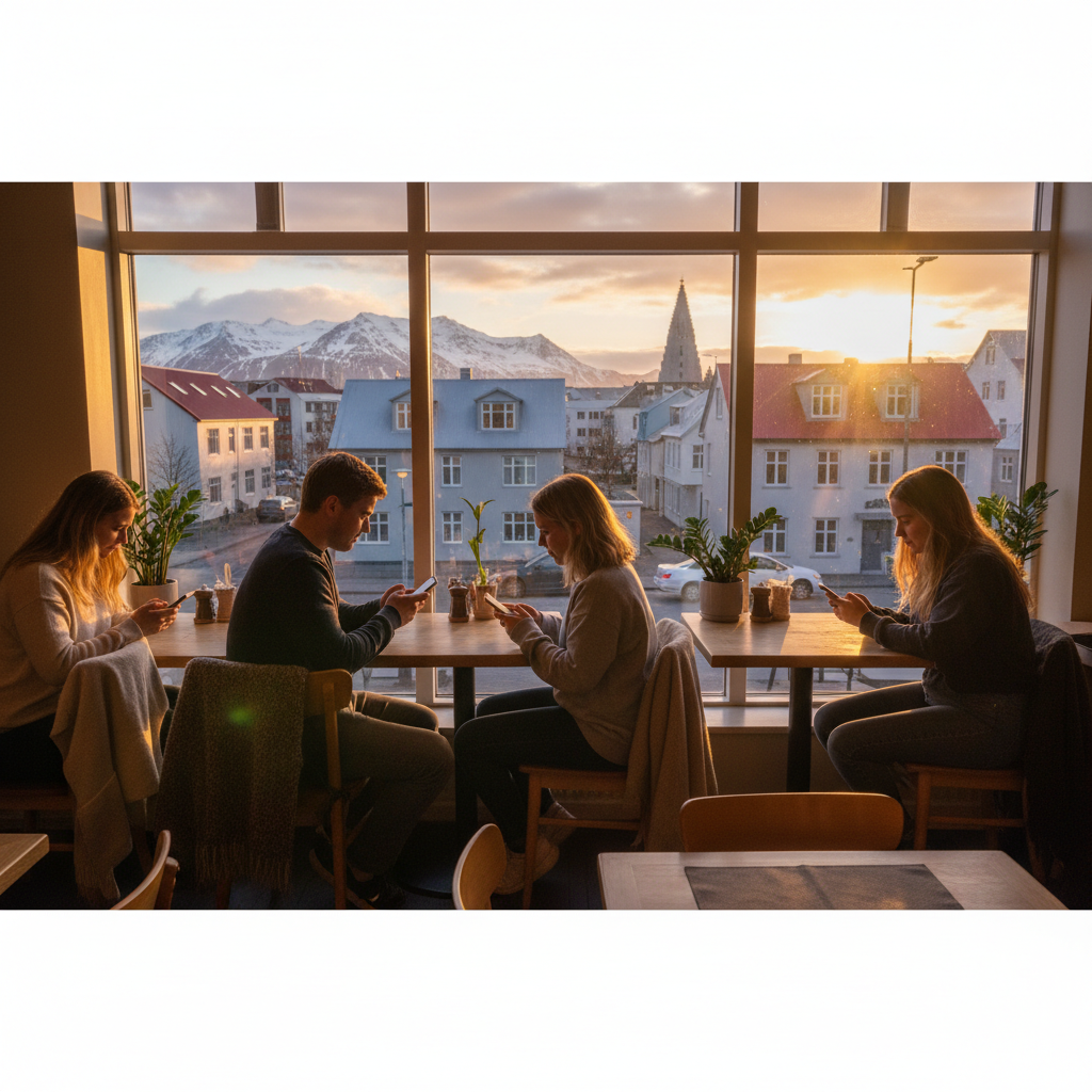 Young adults using smartphones in Reykjavik cafe