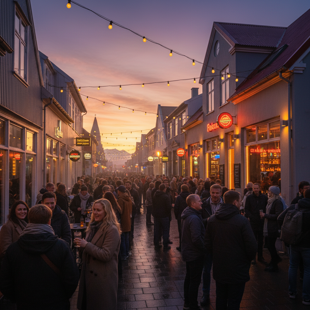 Popular bar scene in Reykjavik at night