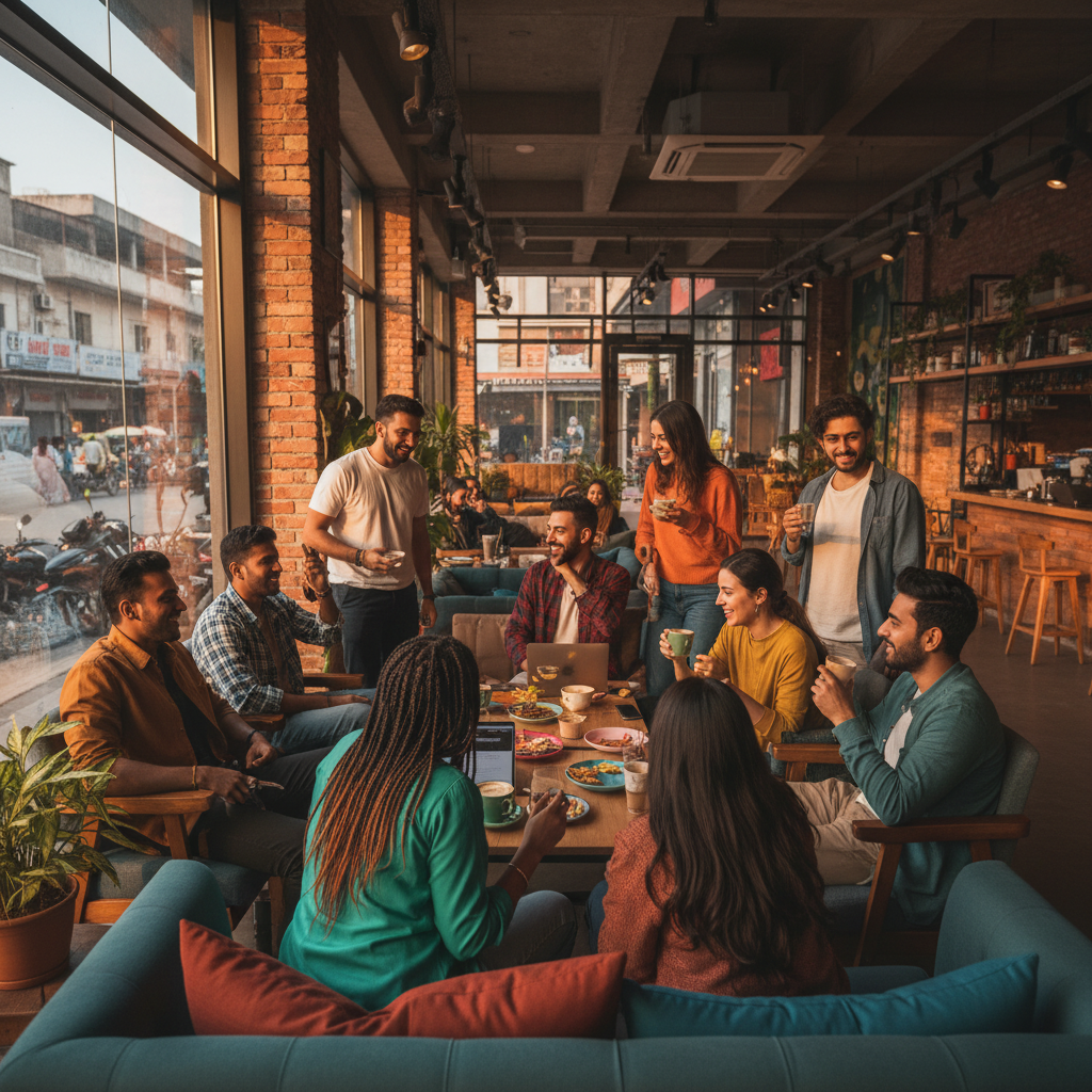 Diverse group of young adults interacting in a modern cafe in India, natural light
