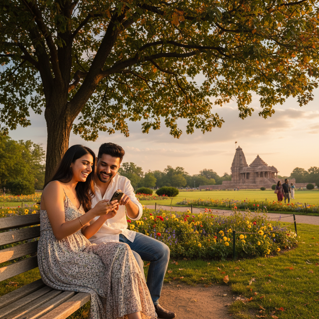 Young Indian couple using a dating app on a park bench, candid shot