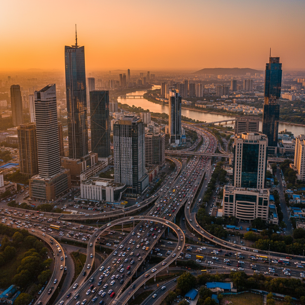 Modern Indian cityscape with skyscrapers and busy traffic, aerial view