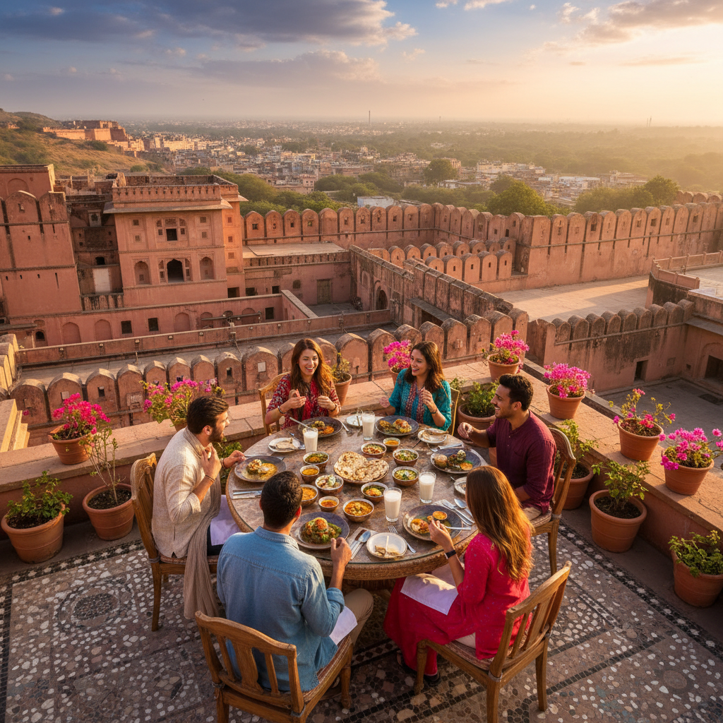Overhead view of a group of friends gathered around a table at a restaurant in India
