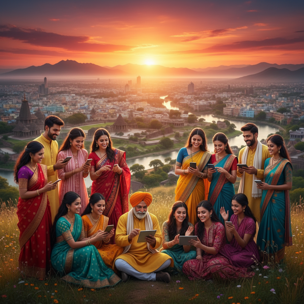Diverse group of people smiling and connecting digitally in India