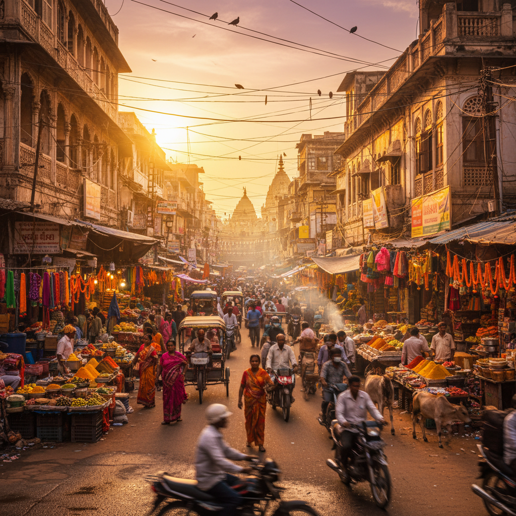 Vibrant street scene in a bustling Indian city, wide angle