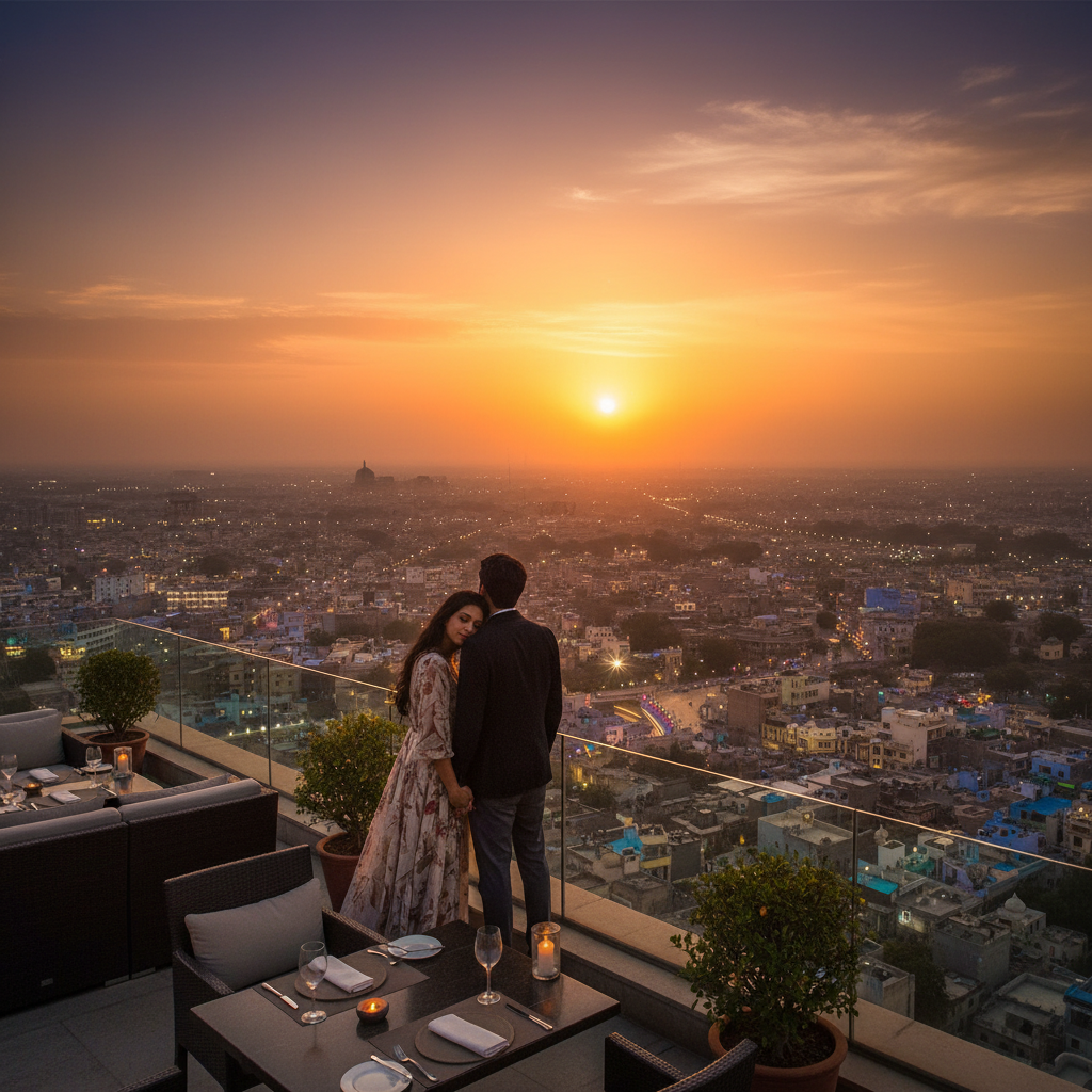 Couple sharing a romantic moment at a rooftop restaurant overlooking an Indian city at sunset