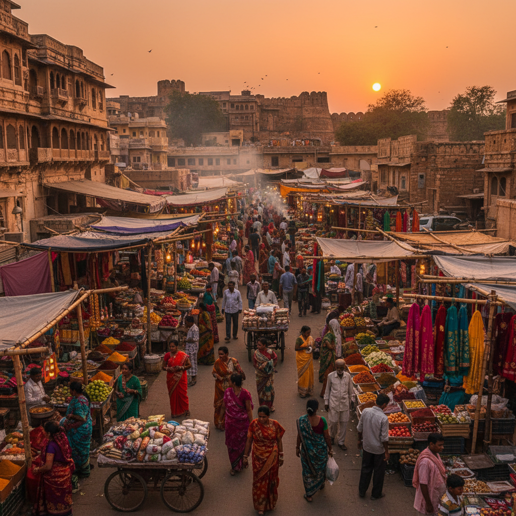 Busy marketplace in India with stalls and people shopping, vibrant colors