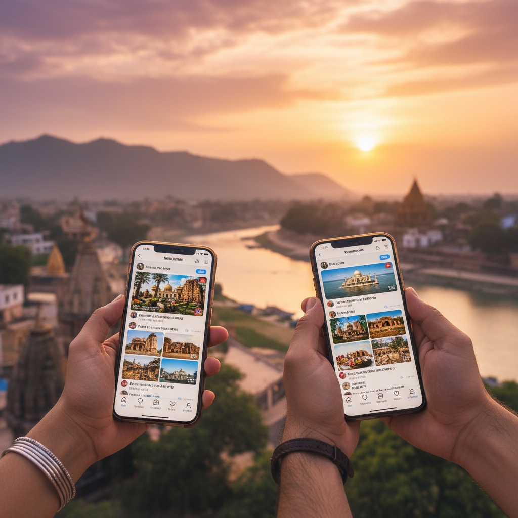 Close-up of hands holding smartphones displaying social media apps in India