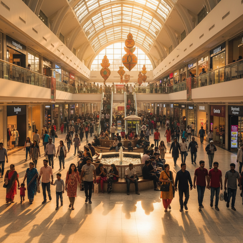 Lively interior of a popular Indian mall with shoppers, wide shot