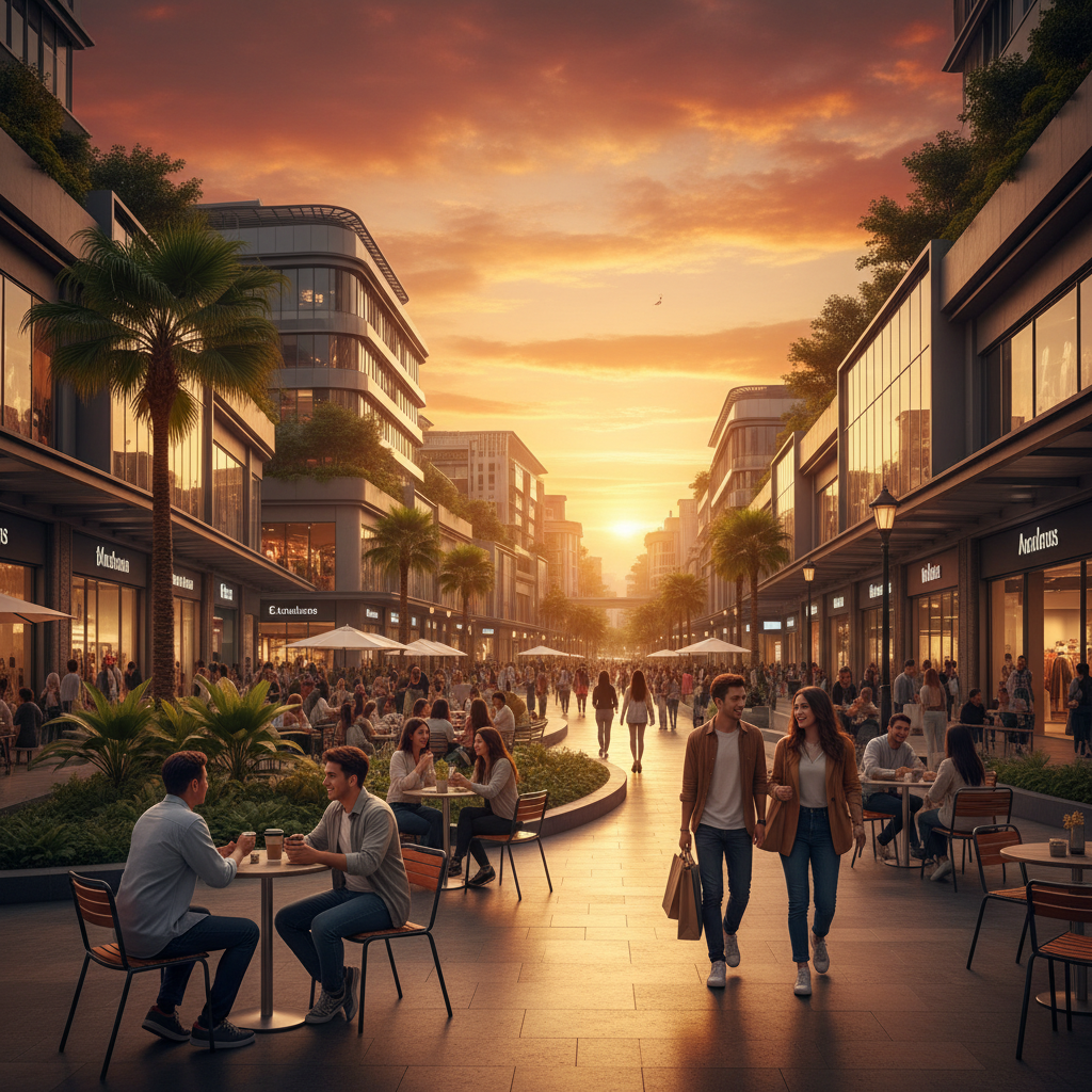 Modern cafes and shopping malls in an Indonesian city, young adults socializing, horizontal