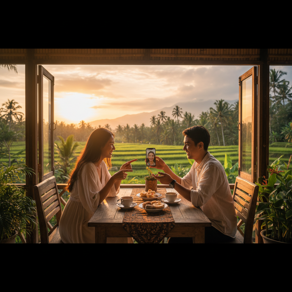 Couple having a video call on a phone in a cafe, Indonesia, natural light, horizontal