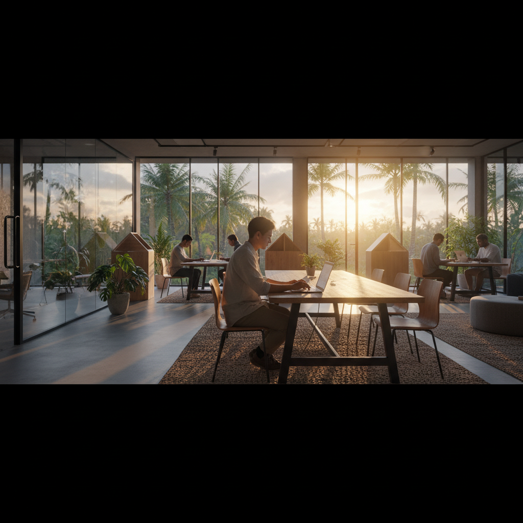 Indonesian person working on a laptop in a co-working space, modern office, horizontal