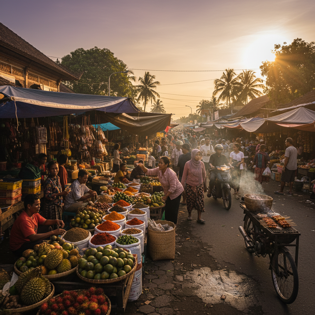 Busy street market in Indonesia, local vendors, people interacting, vibrant colors, horizontal