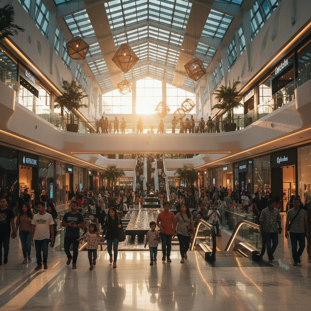 Interior of a popular Indonesian shopping mall, diverse crowd, modern architecture, horizontal