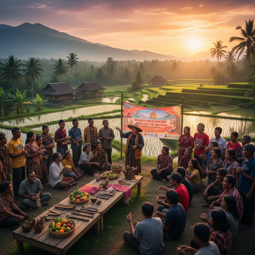 Diverse group of Indonesians gathered for a community event or workshop, engaging, horizontal