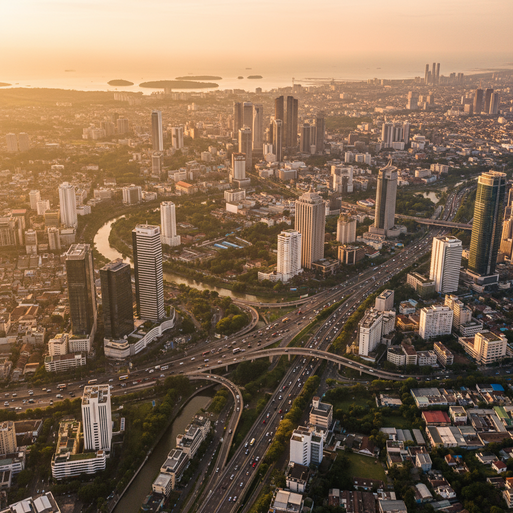 Aerial view of Jakarta cityscape Indonesia, daytime, horizontal, high detail