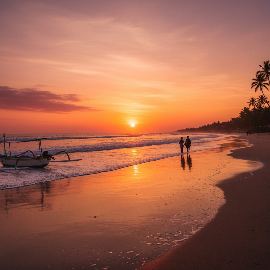 Romantic sunset view over a beach in Bali, Indonesia, serene, horizontal