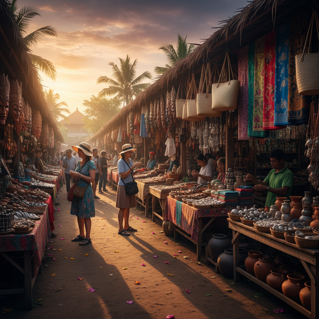 Colorful stalls at a local Indonesian handicraft market, detailed products, horizontal