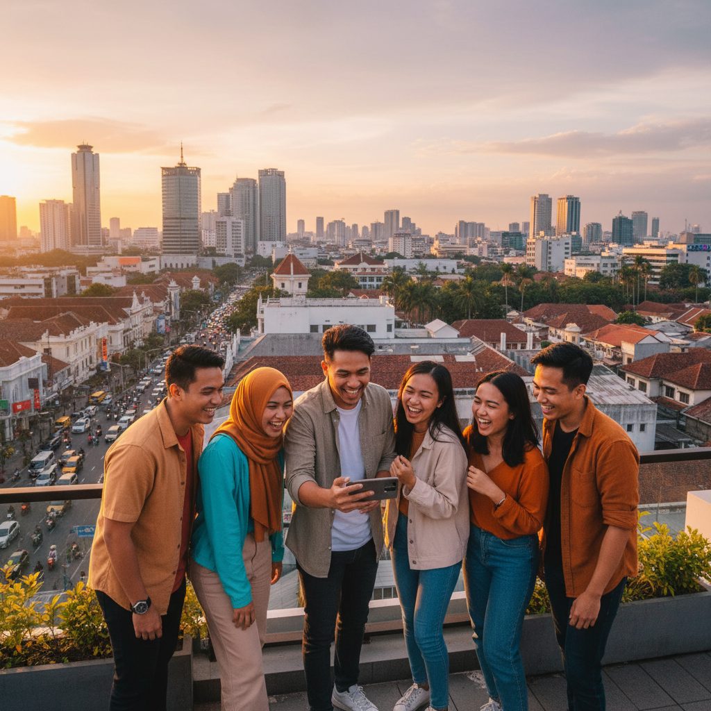 Group of young Indonesian friends watching content on a smartphone, laughing, urban background, horizontal
