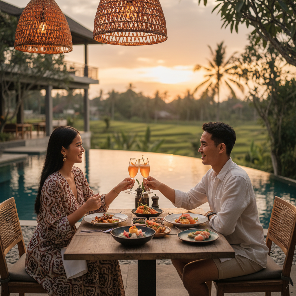 Young Indonesian couple sharing a meal at a trendy restaurant, intimate setting, horizontal