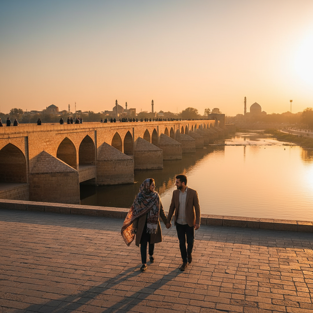 Iran couple walking Isfahan Si-o-se-pol bridge evening