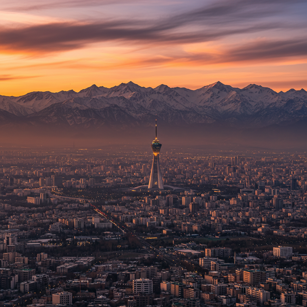 Tehran cityscape Milad Tower Alborz mountains sunset