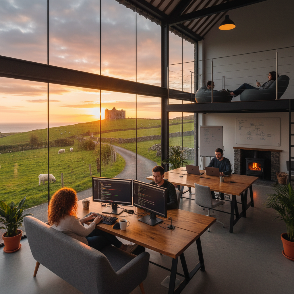 people working remotely in a modern co-working space in Ireland, horizontal
