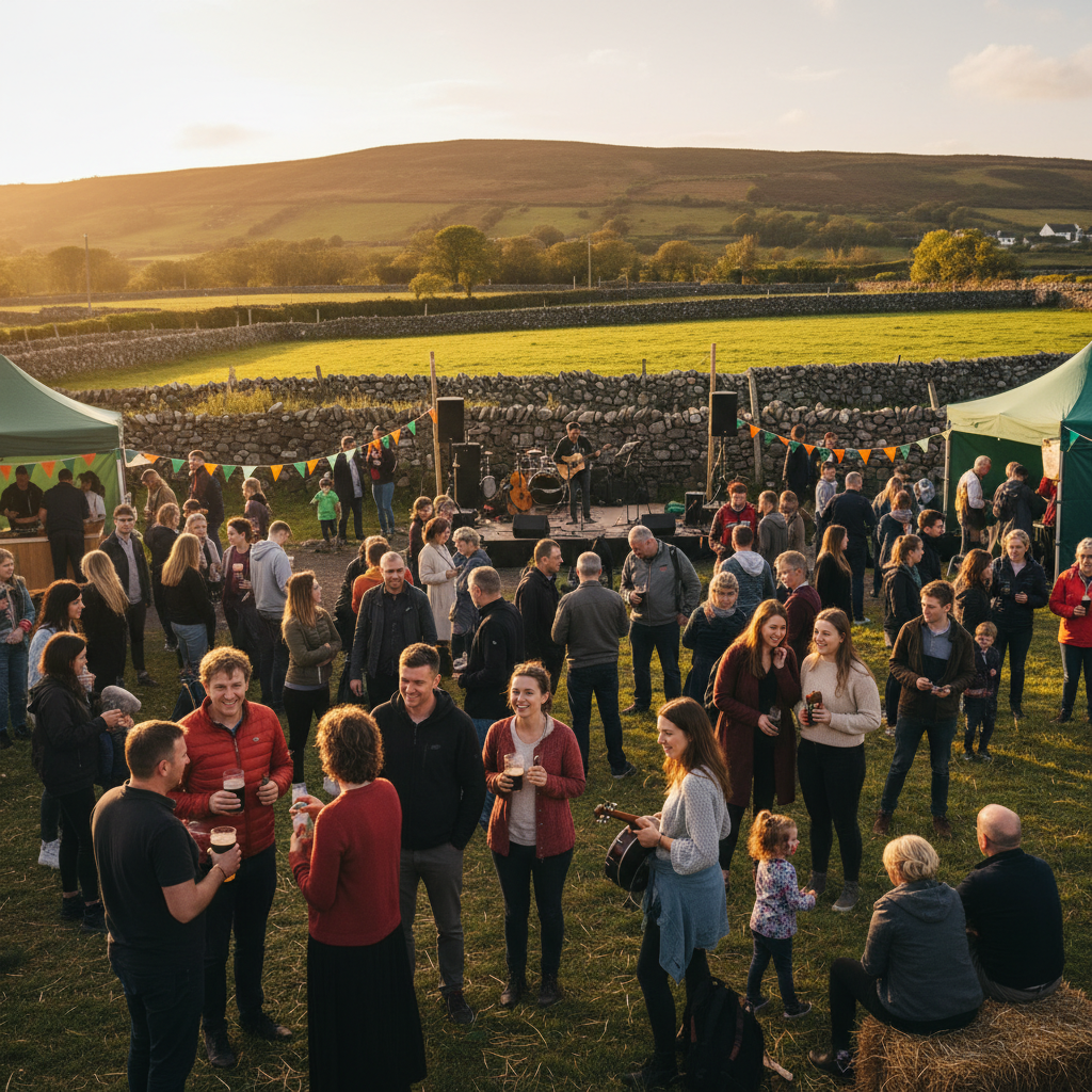 diverse group of people socializing at a local event in Ireland, horizontal