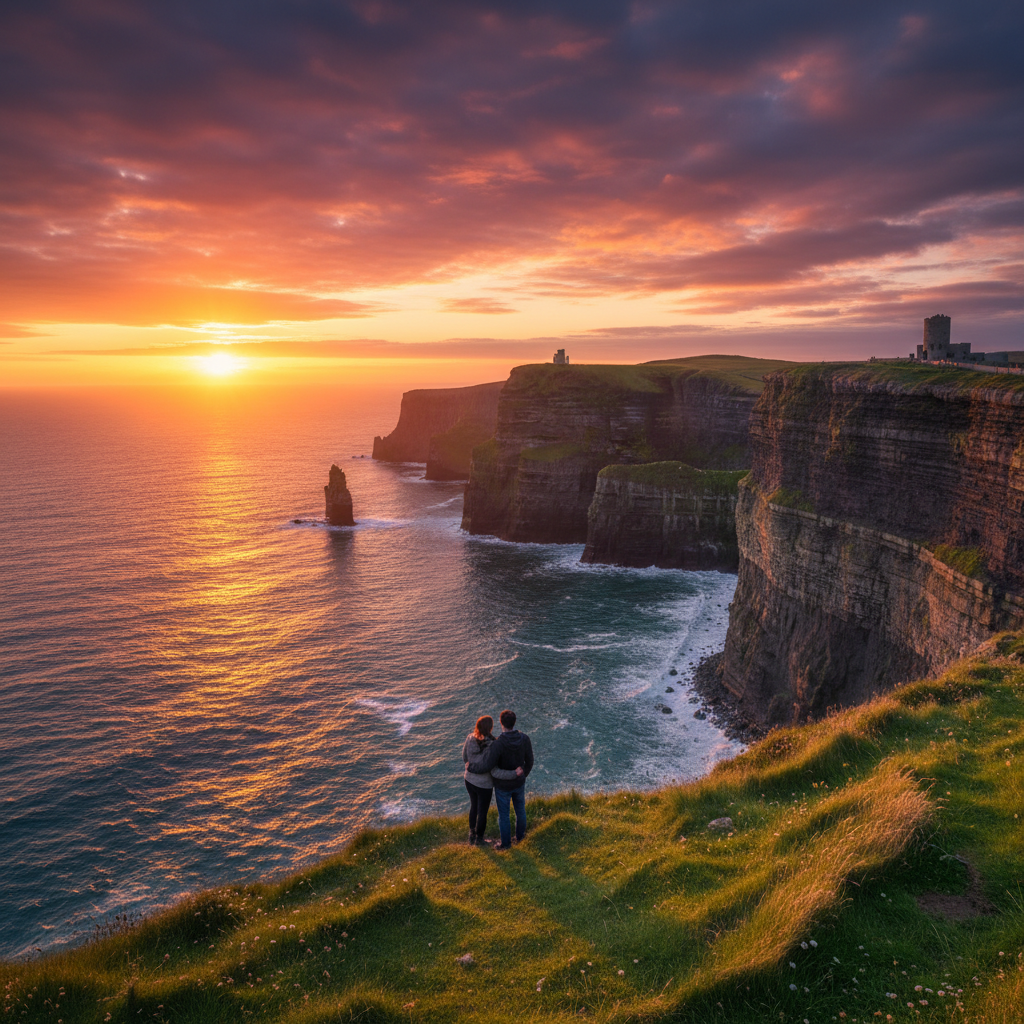 romantic sunset over Cliffs of Moher, Ireland, horizontal