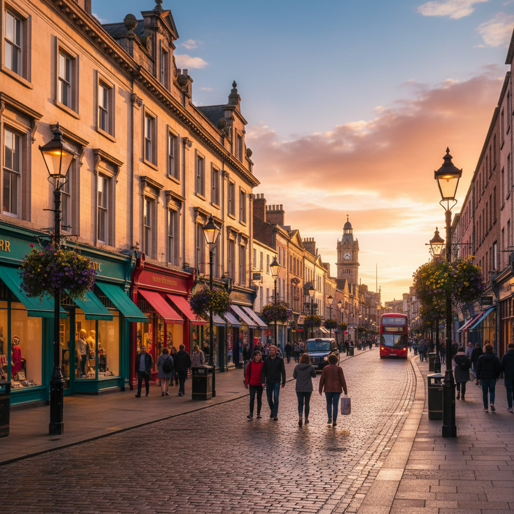 shopping street with boutiques in Belfast, Ireland, horizontal