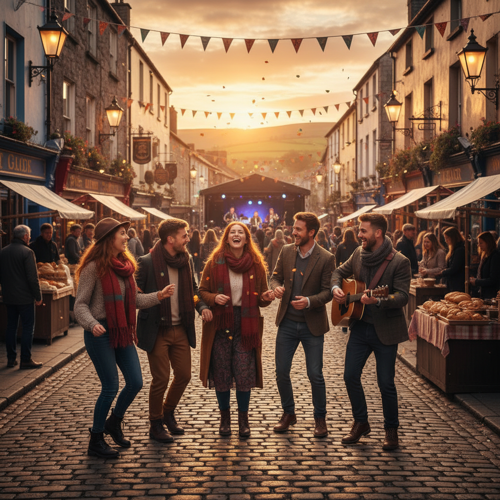 group of young adults at a street festival in Ireland, horizontal