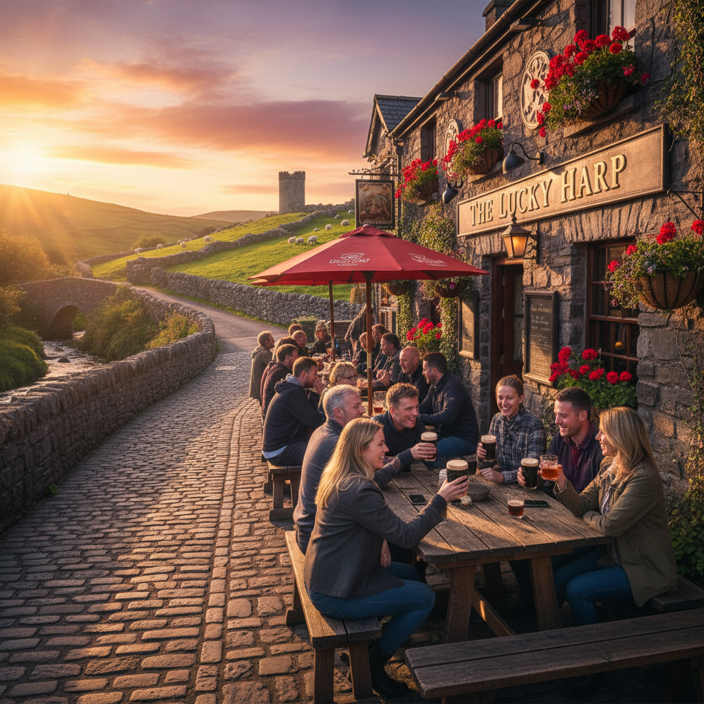 people enjoying drinks at a pub in Ireland, horizontal
