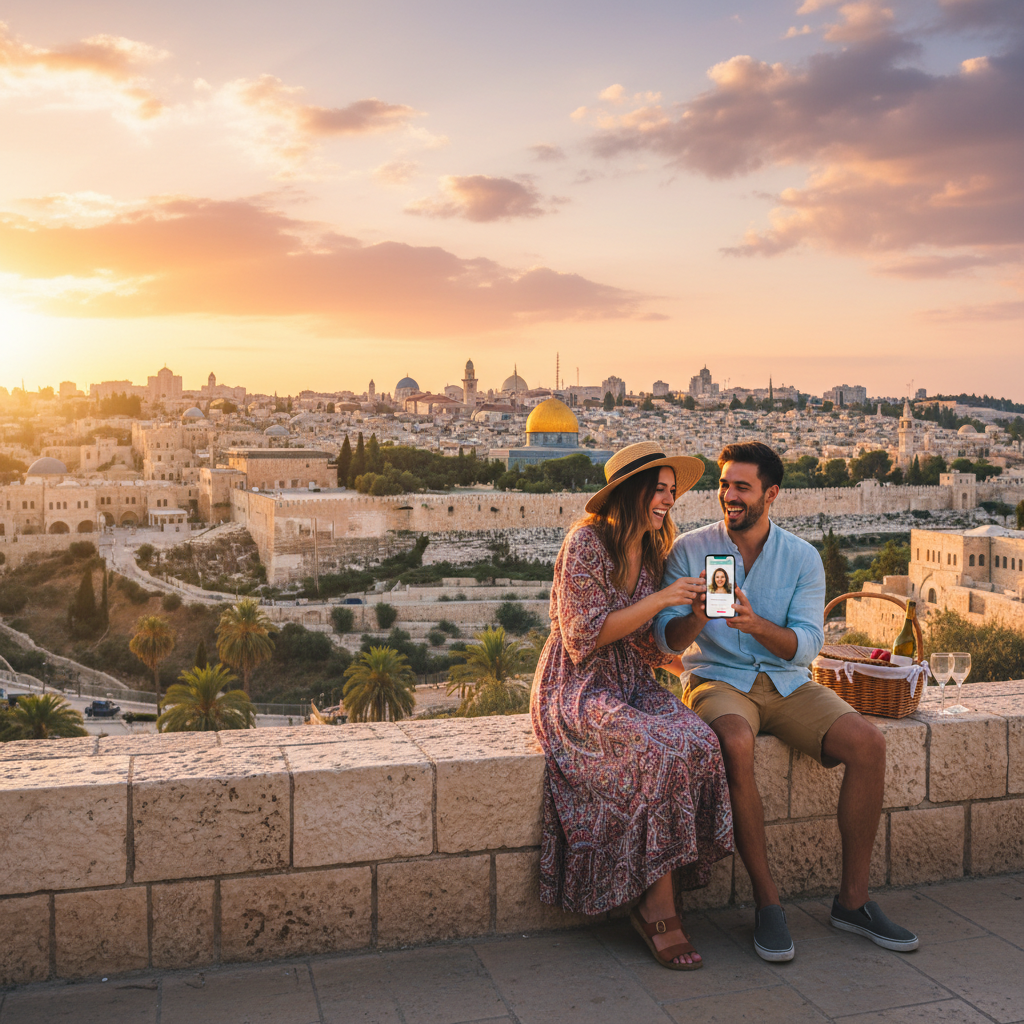 Couple on a date using dating app Israel horizontal
