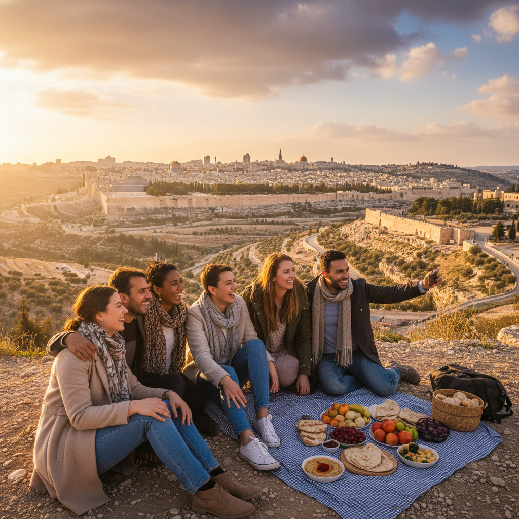 Group of diverse friends connecting in Israel horizontal