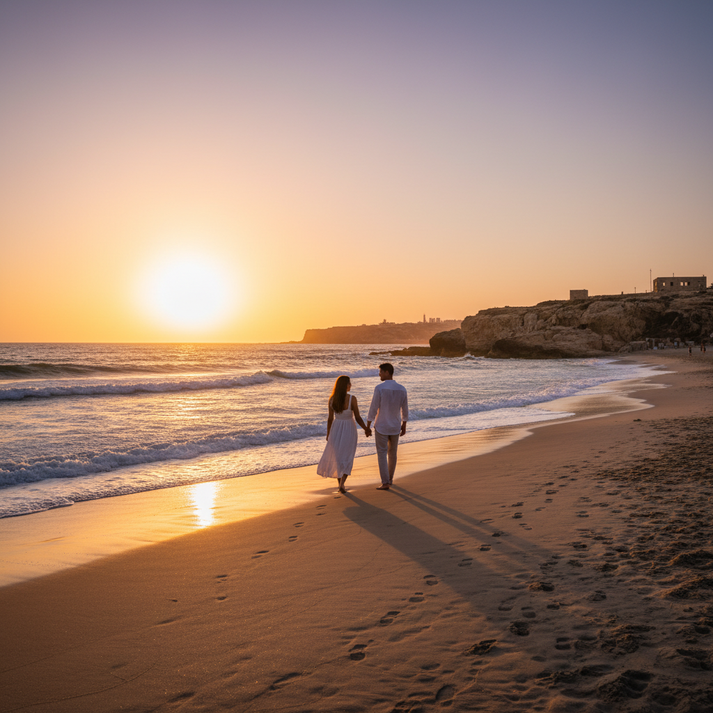 Romantic couple walking on a beach in Israel horizontal
