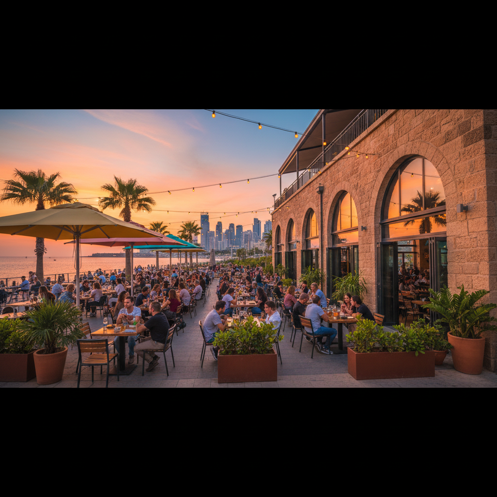 Trendy cafe in Tel Aviv meeting spot horizontal