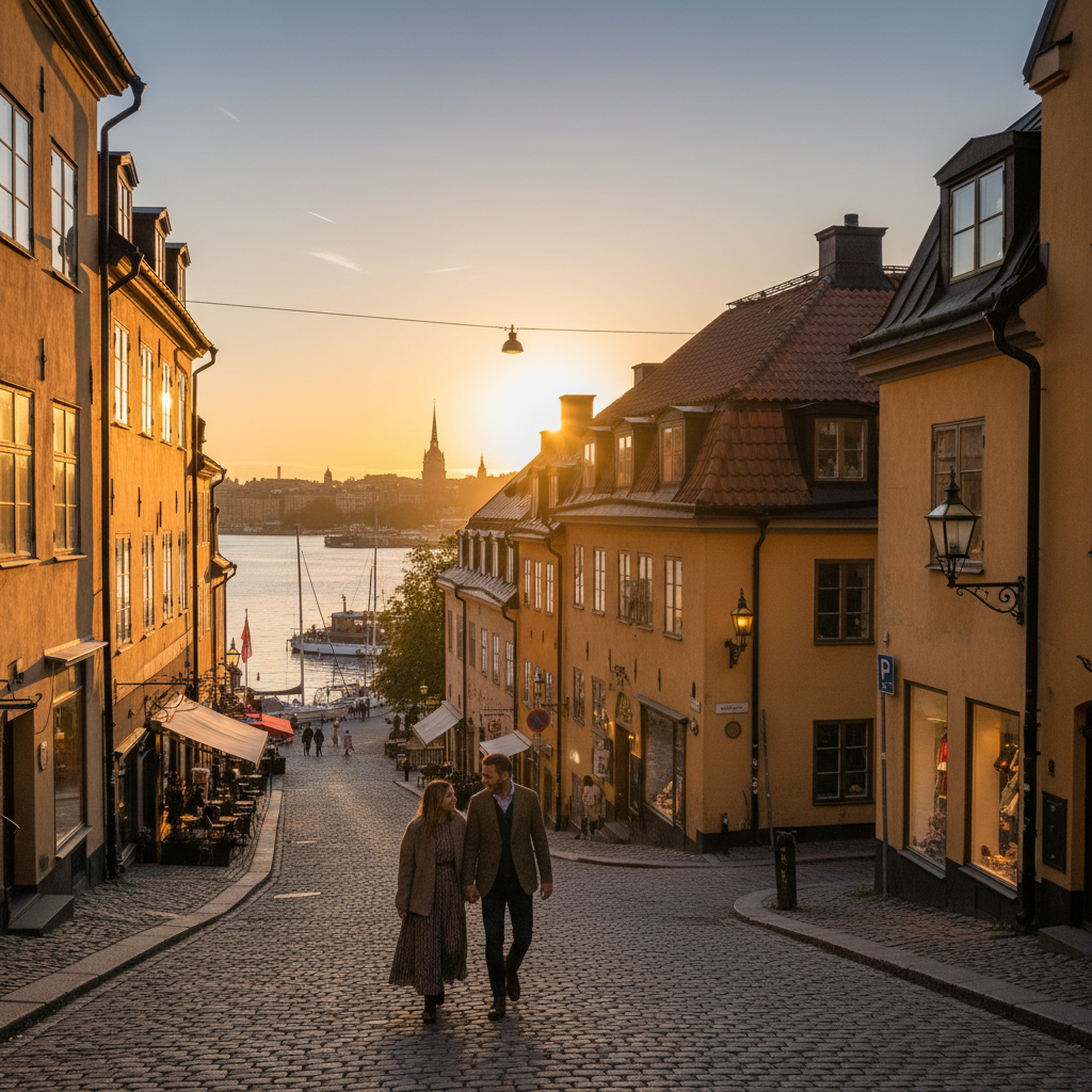 Sweden couple walking Stockholm Södermalm evening