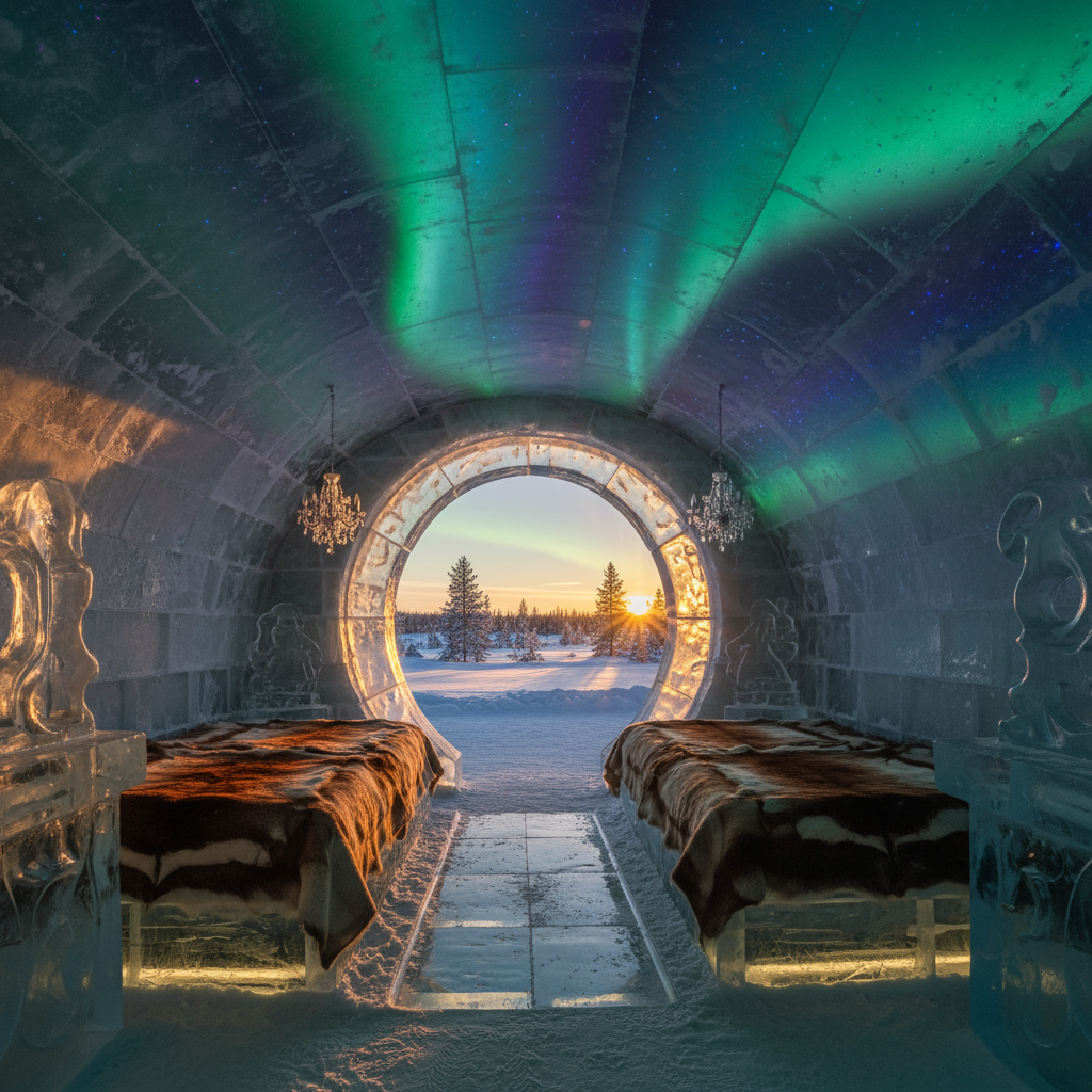 ICEHOTEL Jukkasjärvi Sweden ice room northern lights