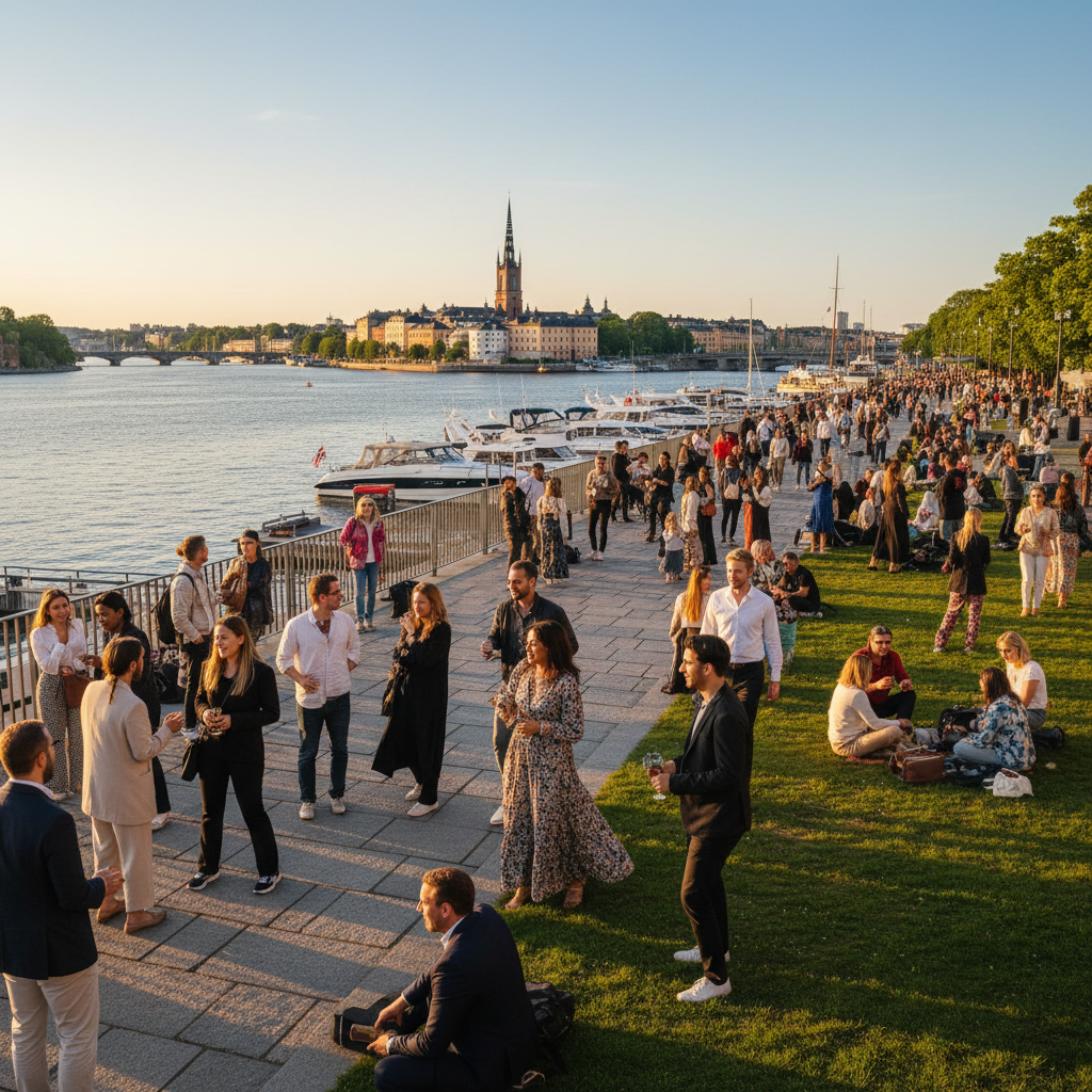 Sweden diverse people social gathering Stockholm waterfront