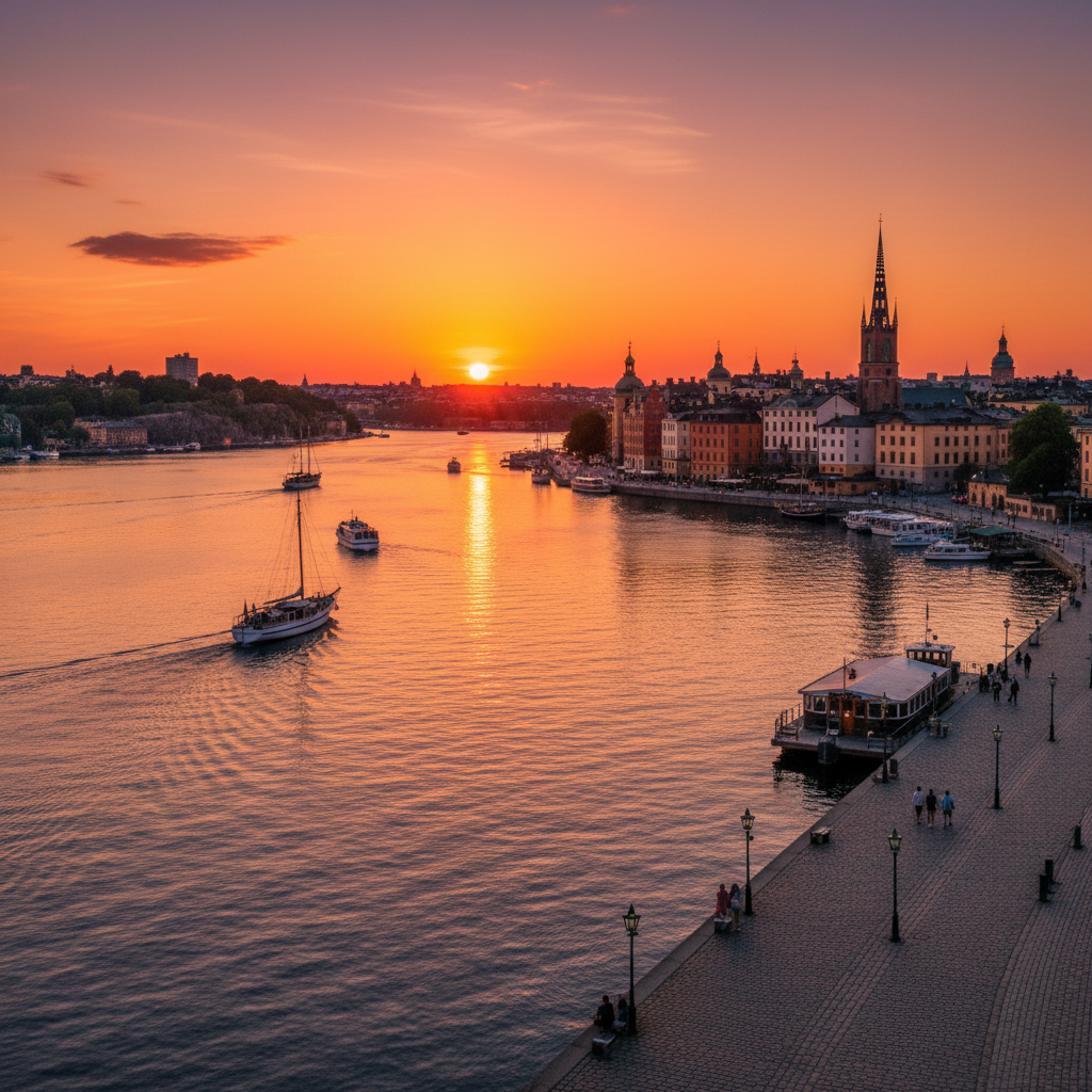 Stockholm Gamla Stan sunset waterfront golden hour