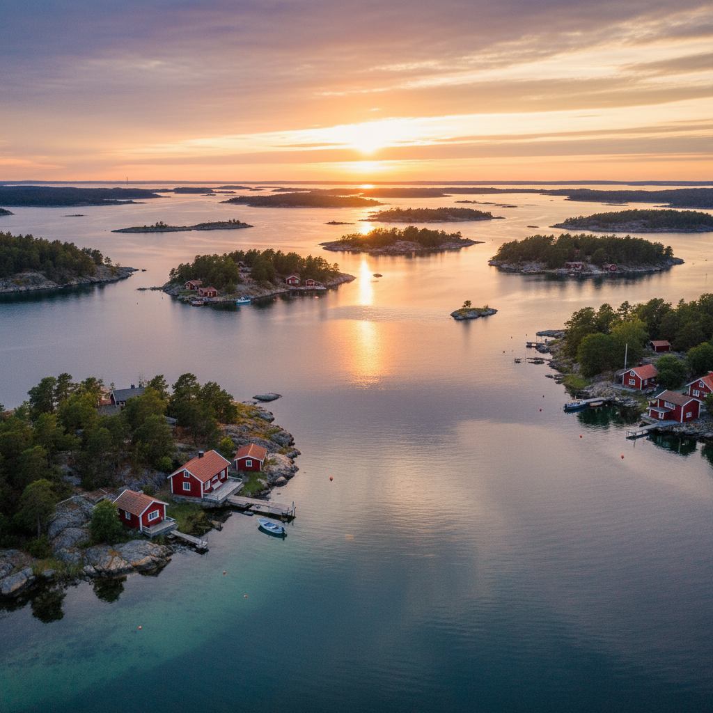 Stockholm archipelago red cottage islands romantic sunset
