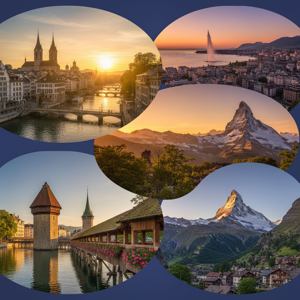 Zurich Geneva Lucerne Zermatt travel collage Switzerland