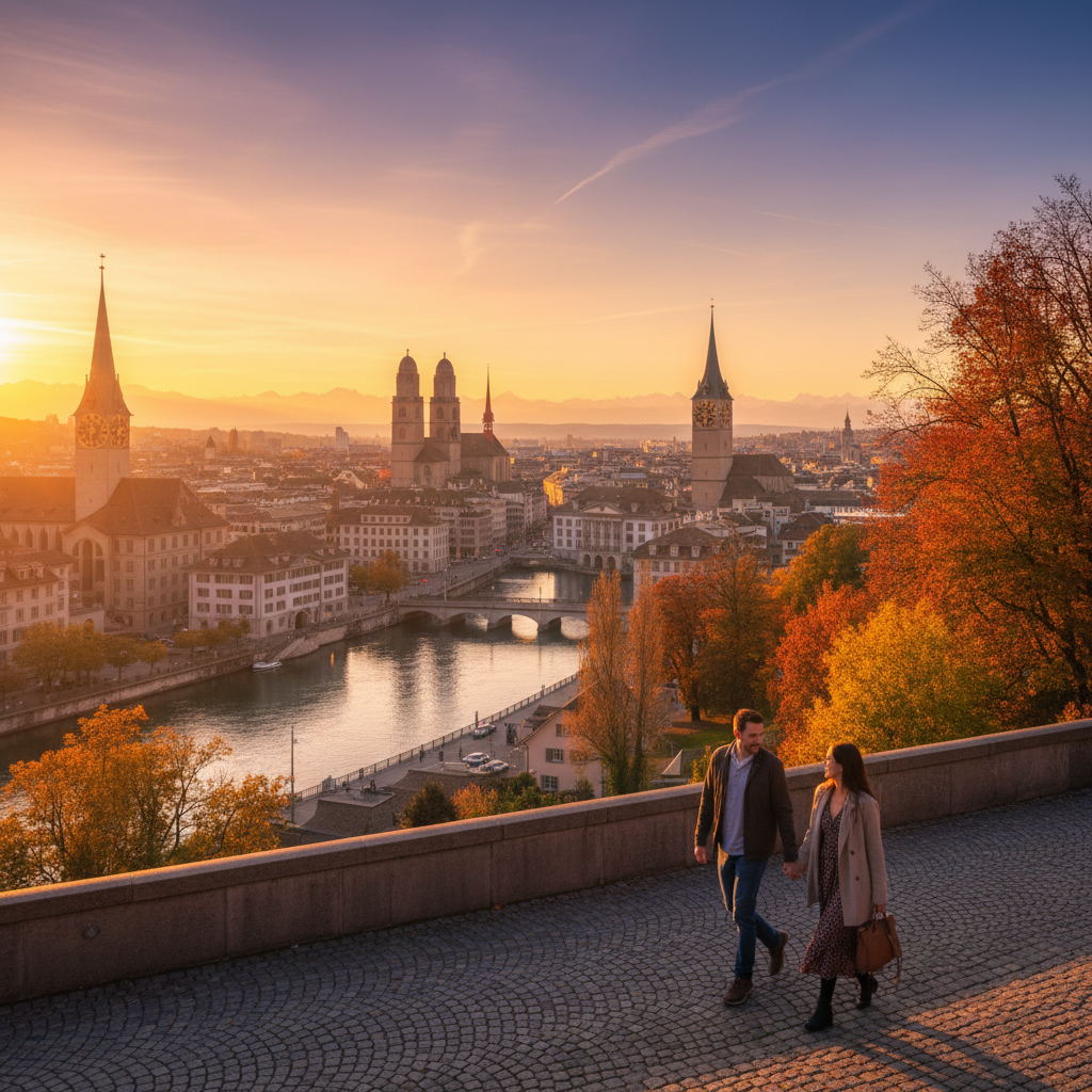 Switzerland couple walking Zurich Lindenhof evening